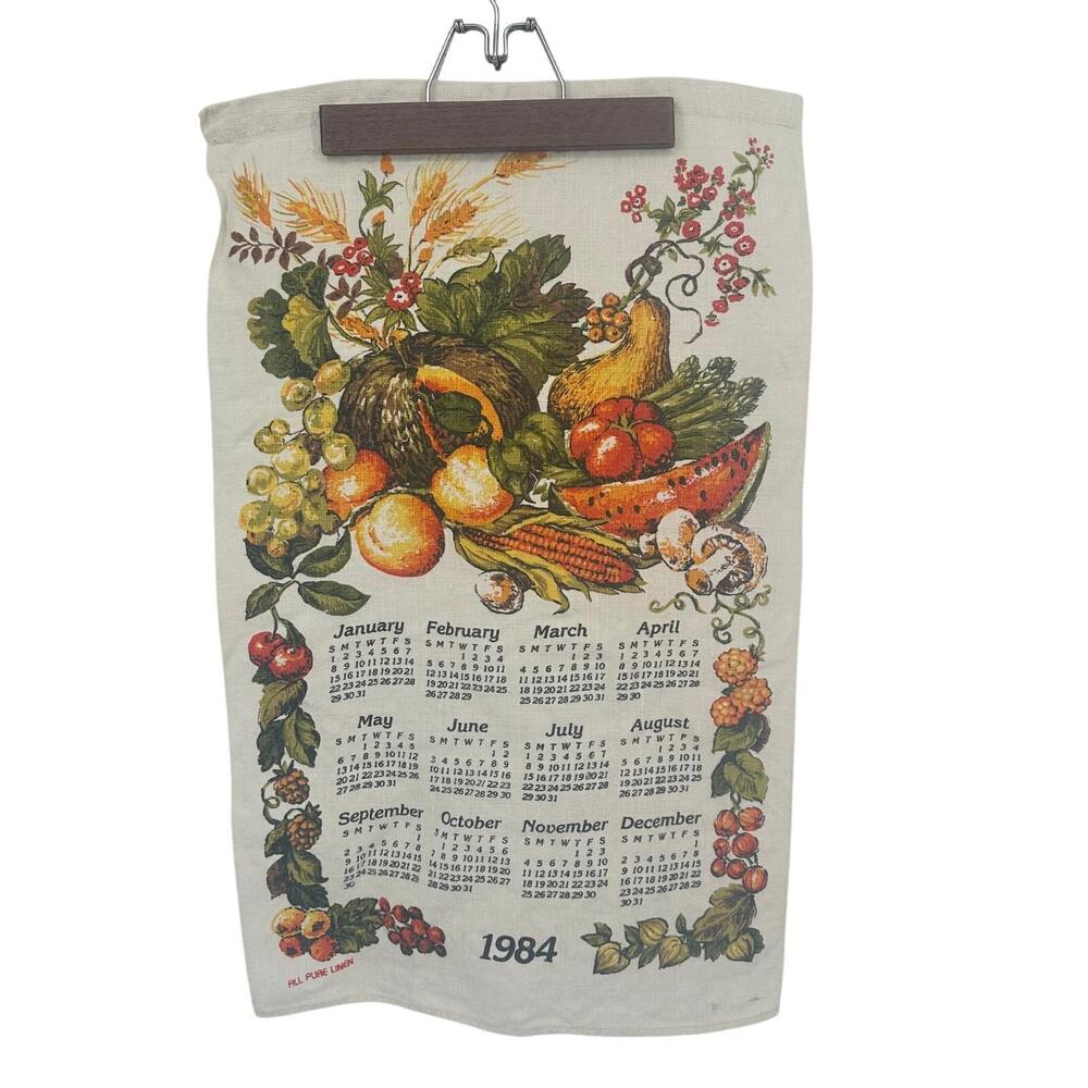 Vintage Pure Linen Cloth‎ Calendar Year 1984 Tea Towel Birthday Fall Harvest
